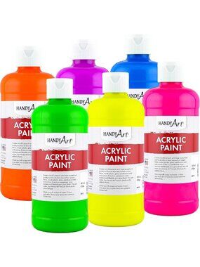 Vibrant Neon Acrylic Paint Set of 6, 16 oz Bottles - Semi-Gloss Finish for Art